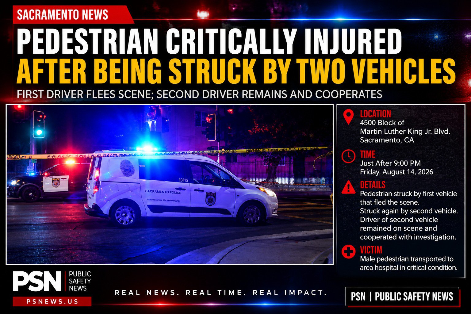 Pedestrian Critically Injured After Being Struck by Two Vehicles in Sacramento cover