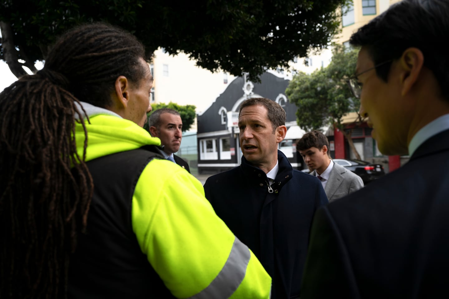 Mayor Daniel Lurie spoke with a city worker about cleaning up the neighborhood in the Tenderloin neighborhood of San Francisco last year.