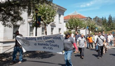 UC Berkeley skilled trades workers rally for higher wages, lower healthcare costs outside California Hall | Campus