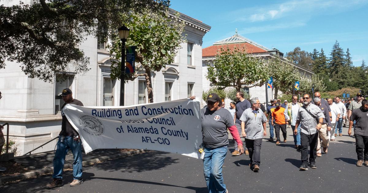 UC Berkeley skilled trades workers rally for higher wages, lower healthcare costs outside California Hall | Campus