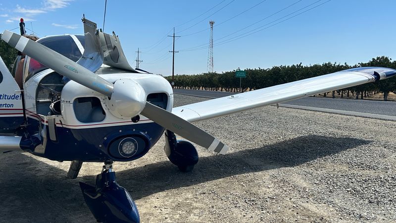 A small plane registered in Redding, Calif., made an emergency landing on a road in western Fresno County after an engine failure on Thursday afternoon, Aug. 13, 2026. (Courtesy: Fresno County Sheriff's Office)