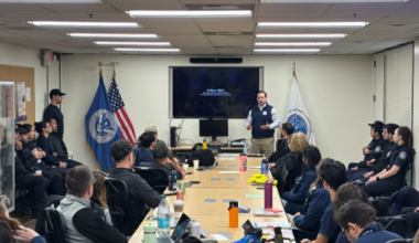 AA Hall speaking with CBP and EPA officials and staff during Los Angeles Long Beach inspection week.