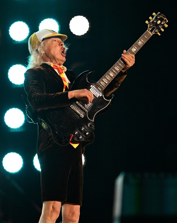 Angus Young plays lead guitar with AC/DC on their PWR UP Tour at Levi Stadium in Santa Clara on Wednesday, Aug. 6, 2026. (Chris Riley/Times-Herald)