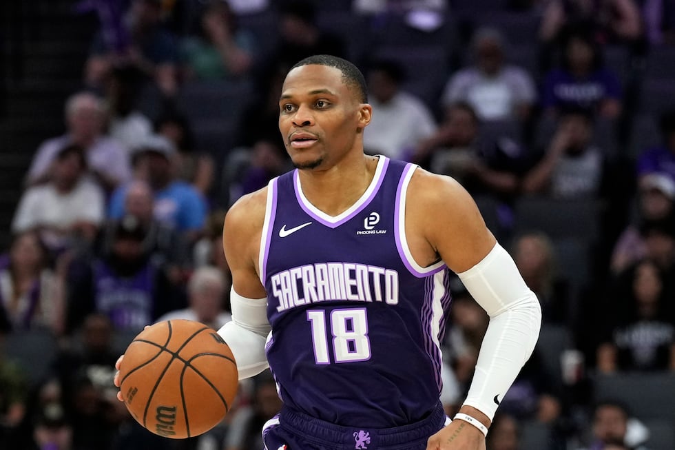 FILE - Sacramento Kings guard Russell Westbrook (18) dribbles the ball during the second half...
