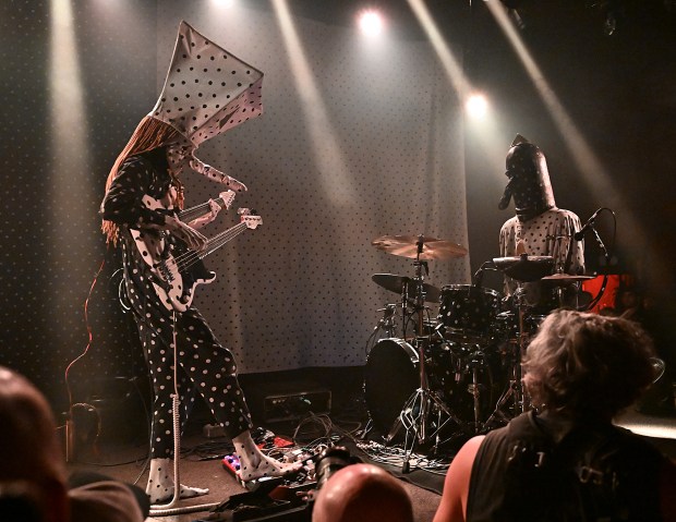 Khn de Poitrine uses his toes to change loops and modify sounds as he plays with Angine de Poitrine at The Independent in San Francisco on Wednesday, Aug. 19, 2026. (Chris Riley/Times-Herald)