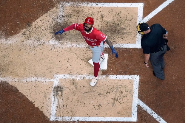 The Angels' Luis Rengifo reacts as he crosses home plate after hitting a two-run home run during the fifth inning of their game against the Milwaukee Brewers on Thursday night in Milwaukee. (AP Photo/Morry Gash)