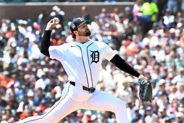 Detroit Tigers starting pitcher Casey Mize throws during the first inning of a baseball game against the Kansas City Royals, Saturday, July 25, 2026, in Detroit. (AP Photo/Jose Juarez)
