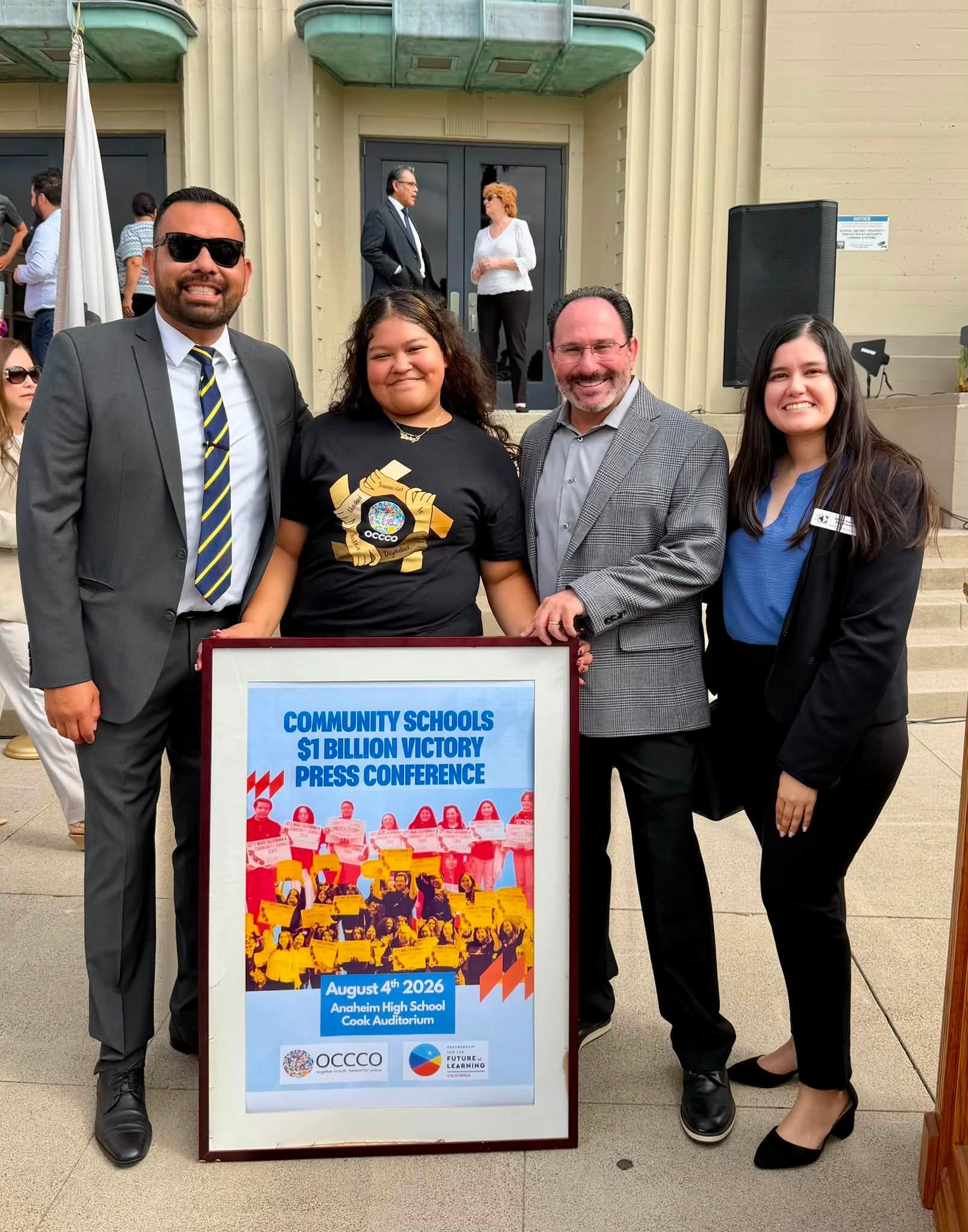 Anaheim High School junior Coraline Salazar is joined at the community schools press conference by Superintendent Jaron Fried and AUHSD Board Trustees. (Courtesy of AUHSD) 