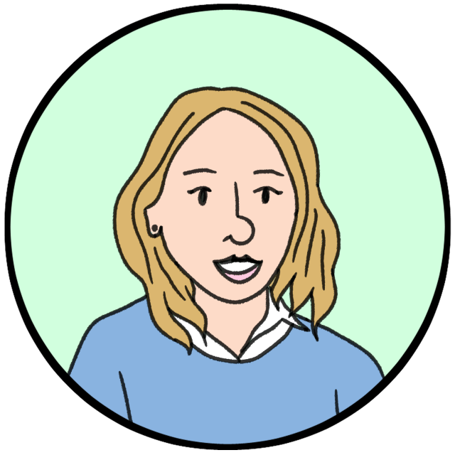 Illustration of a person with shoulder-length blonde hair, light skin, wearing a blue top and white collar, shown inside a circular frame with a light green background.