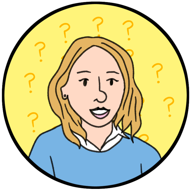 Illustration of a woman with shoulder-length hair, wearing a blue top, with question marks in the yellow background circle.