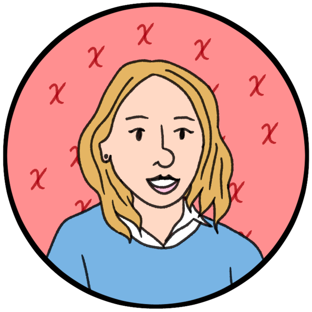 Illustration of a woman with blonde hair wearing a blue top and white collar, set against a pink background with red “X” patterns.