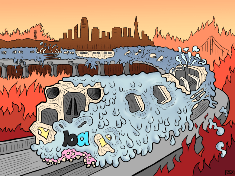 A melting BART train travels on tracks surrounded by flames, with the San Francisco skyline and bridge in the background under an orange sky.