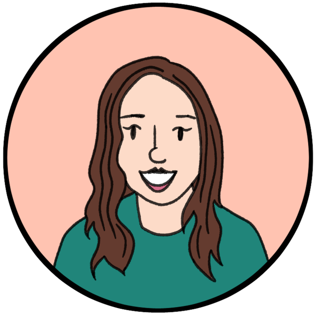 Illustration of a woman with long brown hair, smiling and wearing a green top, set against a peach background inside a circular frame.
