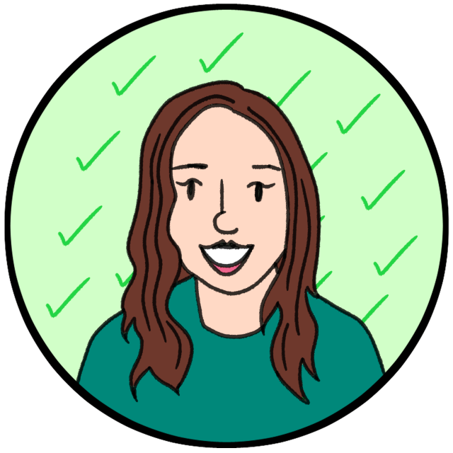 Illustration of a person with long brown hair smiling, set against a light green background with green check marks.