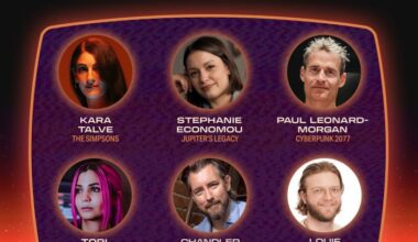 Event poster for "Storytelling Through Music" panel with six featured speakers, including composers and moderators.