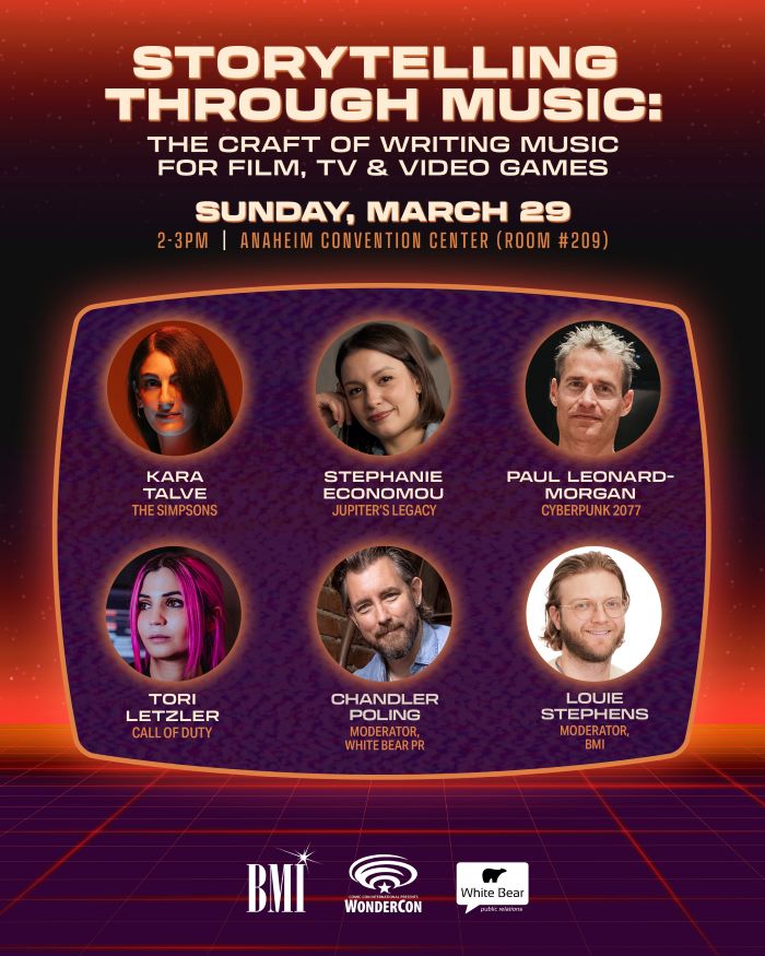 Event poster for "Storytelling Through Music" panel with six featured speakers, including composers and moderators.