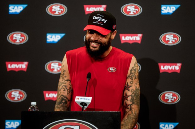 San Francisco 49ers' Mike Evans speaks during a press conference at Levi's Stadium practice field in Santa Clara, Calif., on Friday, July 31, 2026. (Shae Hammond/Bay Area News Group)