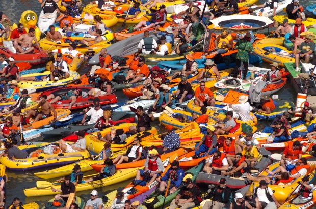 Fans in boats get in position for Splash Zone balls before the start of the 2007 Home Run Derby at AT&T Park in San Francisco, Calif. on Monday June 9, 2007. The event is part festivities leading up to Tuesday's All-Star baseball game in San Francisco. (Contra Costa Times/Jose Carlos Fajardo)