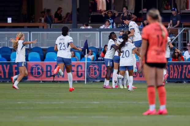 Bay FC's Alex Pfeiffer (17) stands while Seattle Reign FC celebrates after a goal in the second half at PayPal Stadium in San Jose, Calif., on Saturday, Aug. 1, 2026. (Shae Hammond/Bay Area News Group)