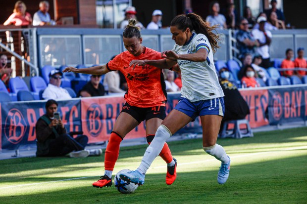 Bay FC's Kennedy Fuller (47) runs with the ball against Seattle Reign FC's Sofia Huerta (11) in the first half at PayPal Stadium in San Jose, Calif., on Saturday, Aug. 1, 2026. (Shae Hammond/Bay Area News Group)