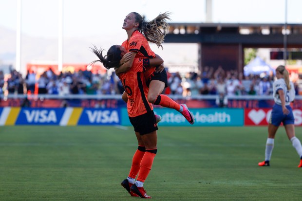Bay FC's Hannah Bebar (41) celebrates scoring a goal with Bay FC's Sydney Collins (16) against Seattle Reign FC in the first half at PayPal Stadium in San Jose, Calif., on Saturday, Aug. 1, 2026. (Shae Hammond/Bay Area News Group)