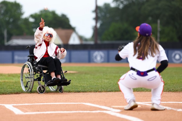 SPRINGFIELD, ILLINOIS - AUGUST 01: Former All-American Girls Professional Baseball League player Maybelle Blair throws out the ceremonial first pitch to Kelsie Whitmore #3 of the San Francisco Firebells before the Women's Pro Baseball League Opening Day between New York Heights and the Los Angeles Queens at Robin Roberts Stadium on August 01, 2026 in Springfield, Illinois. (Photo by Jessie Alcheh/Getty Images)