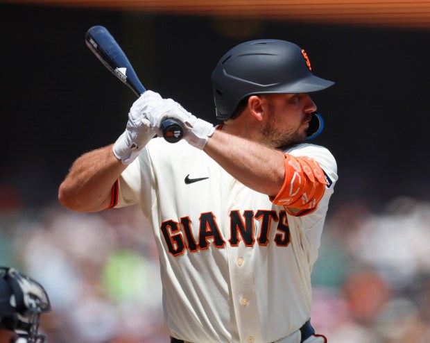 San Francisco Giants' Buddy Kennedy (41) bats against the Colorado Rockies in the second inning at Oracle Park in San Francisco, Calif., on Sunday, Aug. 16, 2026. (Nhat V. Meyer/Bay Area News Group)