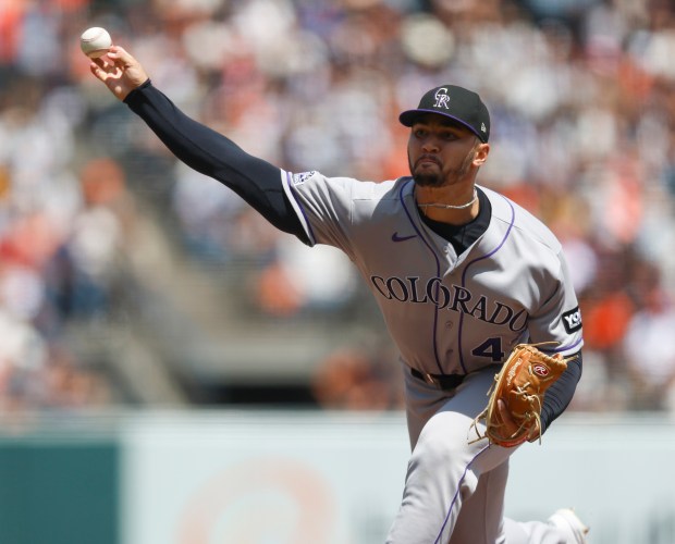 Colorado Rockies starting pitcher Gabriel Hughes (43) throws against the San Francisco Giants in the second inning at Oracle Park in San Francisco, Calif., on Sunday, Aug. 16, 2026. (Nhat V. Meyer/Bay Area News Group)