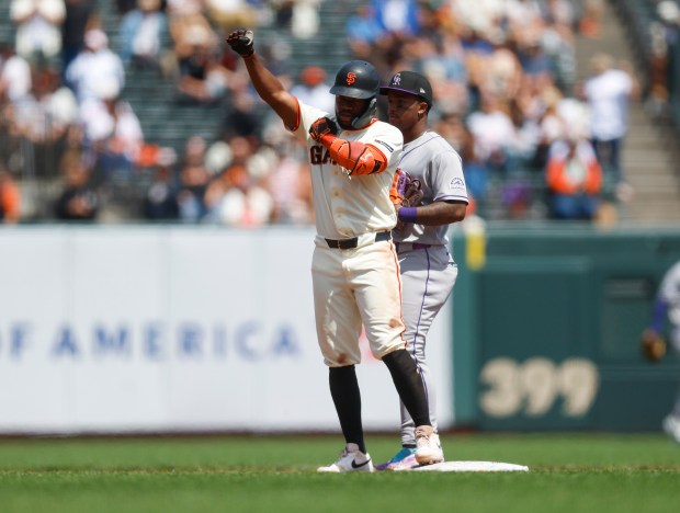San Francisco Giants' Basabe Osleivis (39) celebrates his double against the Colorado Rockies in the third inning at Oracle Park in San Francisco, Calif., on Sunday, Aug. 16, 2026. (Nhat V. Meyer/Bay Area News Group)