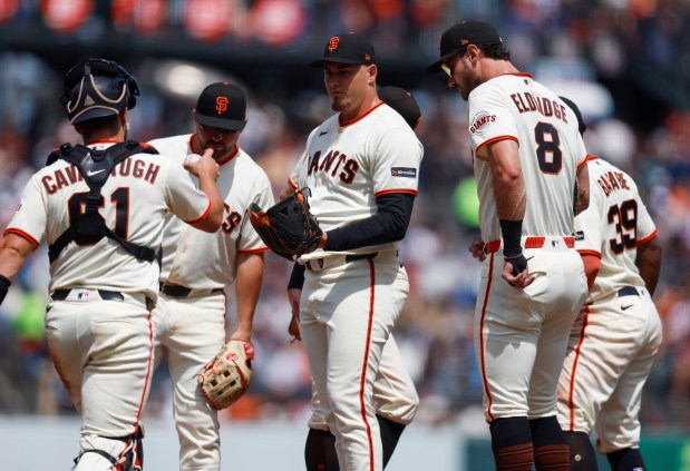San Francisco Giants starting pitcher Blade Tidwell (46) stands on the mound before being pulled from the game by San Francisco Giants manager Tony Vitello during their game against the Colorado Rockies in the fifth inning at Oracle Park in San Francisco, Calif., on Sunday, Aug. 16, 2026. (Nhat V. Meyer/Bay Area News Group)