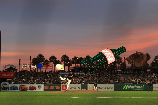 San Francisco Giants pitcher Anthony Molina (45) delivers against the Cincinnati Reds in the fifth inning of their MLB game at Oracle Park in San Francisco, Calif., on Tuesday, Aug. 25, 2026. (Ray Chavez/Bay Area News Group)