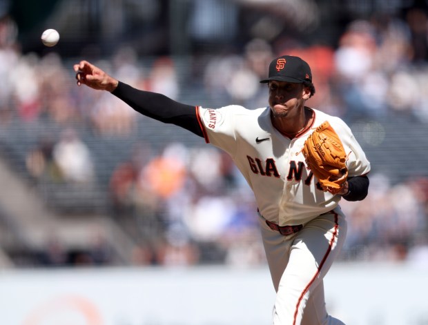San Francisco Giants relief pitcher Spencer Bivens #76 throws against the Cincinnati Reds in the eighth inning of their MLB game at Oracle Park in San Francisco, Calif., on Wednesday, August 26, 2026. (Jane Tyska/Bay Area News Group)
