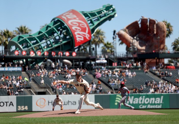 San Francisco Giants starting pitcher Logan Webb #62 throws against the Cincinnati Reds in the first inning of their MLB game at Oracle Park in San Francisco, Calif., on Wednesday, August 26, 2026. (Jane Tyska/Bay Area News Group)