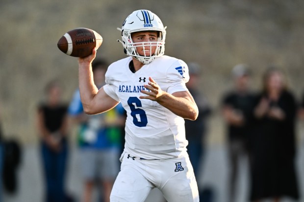 Acalanes' Tyler Winkles (6) passes the ball against Archbishop Mitty during the first half at Foothill College in Los Altos Hills, Calif., on Friday, Aug. 28, 2026. (Thien-An Truong for Bay Area News Group)