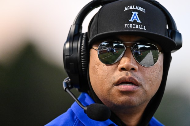 Acalanes head coach Joel Isaac looks on during the first half against Archbishop Mitty at Foothill College in Los Altos Hills, Calif., on Friday, Aug. 28, 2026. (Thien-An Truong for Bay Area News Group)