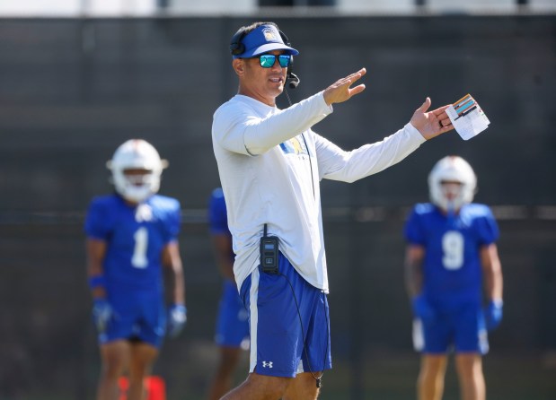 San Jose State offensive coordinator Craig Stutzmann talks to his team at SJSU's first training camp football practice on the practice field at San Jose State University in San Jose, Calif., on Wednesday, July 29, 2026. (Nhat V. Meyer/Bay Area News Group)