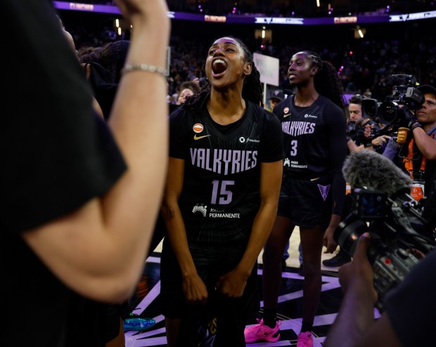 Golden State Valkyries' Tiffany Hayes (15) celebrates their 78-70 win over the Dallas Wings at the Chase Center in San Francisco, Calif., on Monday, Aug. 17, 2026. (Nhat V. Meyer/Bay Area News Group)