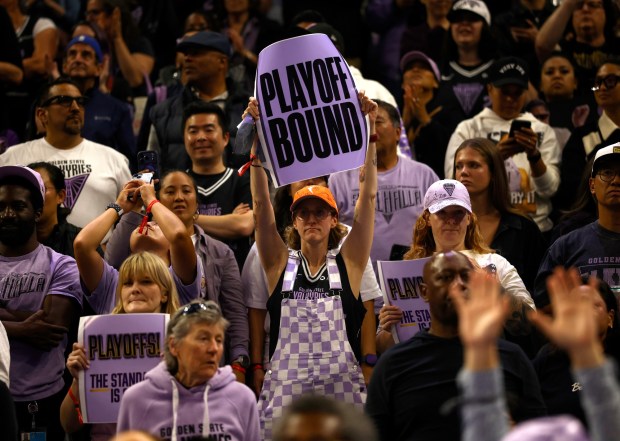 A Golden State Valkyries fan holds up a playoff bound sign after the Valkyries beat the Dallas Wings 78-70 at the Chase Center in San Francisco, Calif., on Monday, Aug. 17, 2026. (Nhat V. Meyer/Bay Area News Group)