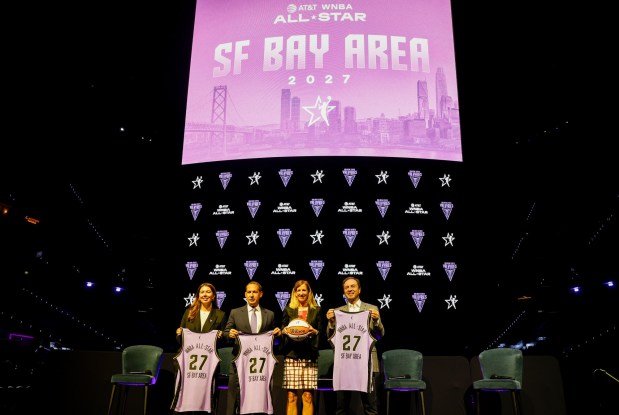 (Left to right) Valkyries President Jess Smith, San Francisco Mayor Daniel Lurie, WNBA Commissioner Cathy Engelbert, and Golden State Valkyries owner Joe Lacob, announce the SF Bay Area will be hosting the WNBA All-Star Game at Chase Center in San Francisco, Calif., on Tuesday, Aug. 18, 2026. (Shae Hammond/Bay Area News Group)