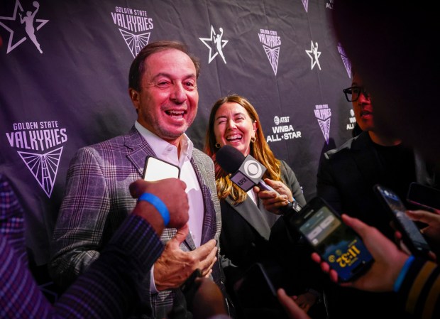 Golden State Valkyries owner Joe Lacob, left, and Valkyries President Jess Smith speak during a press conference after announcing the SF Bay Area will be hosting the WNBA All-Star Game at Chase Center in San Francisco, Calif., on Tuesday, Aug. 18, 2026. (Shae Hammond/Bay Area News Group)