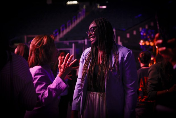 Golden State Valkyries General Manager Ohemaa Nyanin speaks to Former House Speaker Nancy Pelosi it is announced the SF Bay Area will be hosting the WNBA All-Star Game at Chase Center in San Francisco, Calif., on Tuesday, Aug. 18, 2026. (Shae Hammond/Bay Area News Group)
