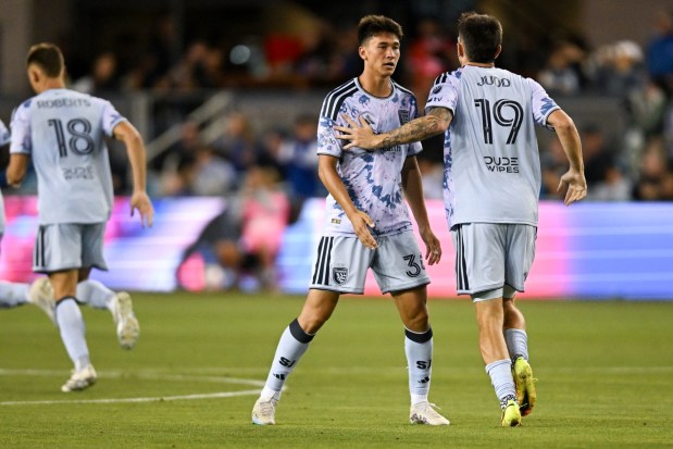SAN JOSE, CALIFORNIA - AUGUST 15: Beau Leroux #34 of the San Jose Earthquakes celebrates with Preston Judd #19 of the San Jose Earthquakes after scoring in the second half against St. Louis CITY SC at PayPal Park on August 15, 2026 in San Jose, California. (Photo by Brandon Vallance/Getty Images)
