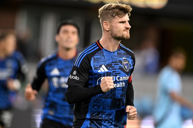 SAN JOSE, CALIFORNIA - AUGUST 22: Timo Werner #11 of the San Jose Earthquakes reacts after scoring on a penalty kick during the first half against the Minnesota United FC at PayPal Park on August 22, 2026 in San Jose, California. (Photo by Brandon Vallance/Getty Images)