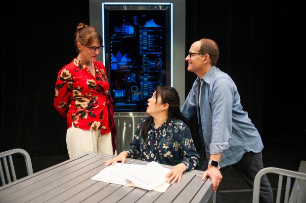 Willa (Lauren English), from left, presents her new medical innovation to venture capitalists May (Sharon Shao) and Paul (Anthony Fusco) in SF Playhouse's "R.O.I. (Return on Investment)" running through Sept. 5 at San Francisco's Creativity Theater. (Photo courtesy of Jessica Palopoli)