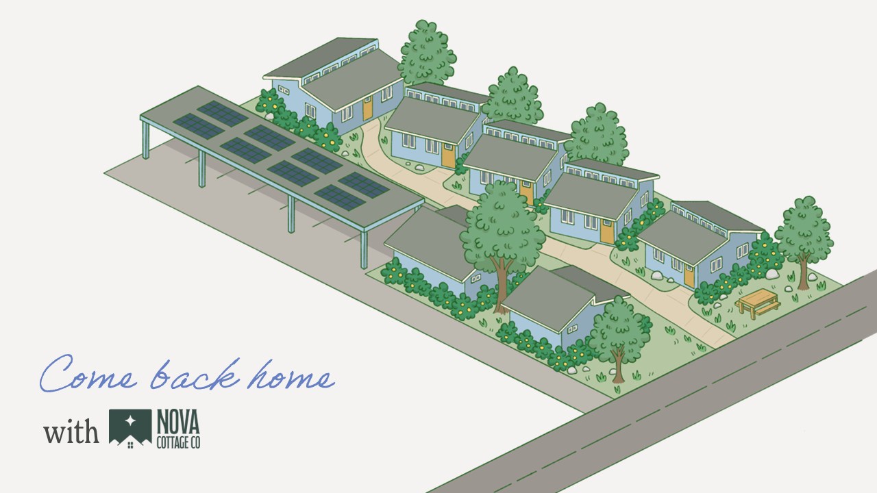 Illustrated site plan showing several small detached cottages arranged around a shared landscaped walkway, with trees, gardens, parking, and a solar-panel canopy.