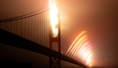 A bridge is illuminated by a series of bright, arcing fireworks that light up the night sky and reflect on the water below.