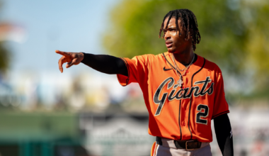 A baseball player in an orange "Giants" jersey with number 2 is pointing to his left on a sunny field.