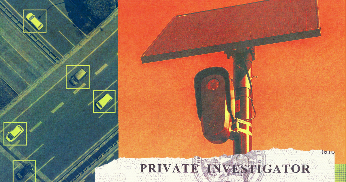 A solar-powered surveillance camera is mounted on a pole with several cars highlighted in yellow boxes on a highway aerial view.