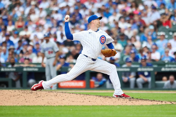 Cubs reliever Ryan Zeferjahn delivers against the Dodgers in the eighth inning Wednesday, Aug. 5, 2026, at Wrigley Field. (Eileen T. Meslar/Chicago Tribune)