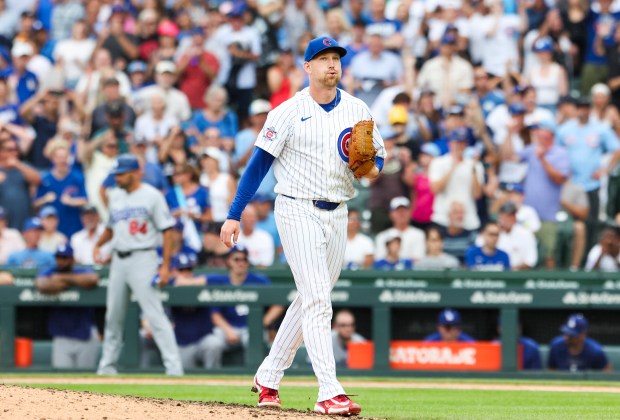 Cubs reliever Ryan Zeferjahn exhales after getting out of the eighth inning against the Dodgers on Wednesday, Aug. 5, 2026, at Wrigley Field. (Eileen T. Meslar/Chicago Tribune)